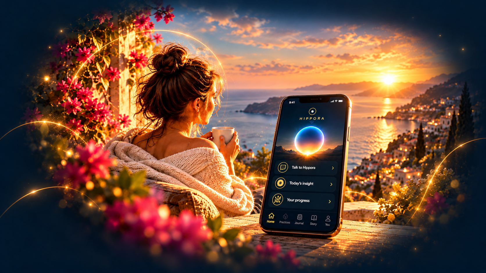 Hippora app on a Mediterranean terrace at sunset