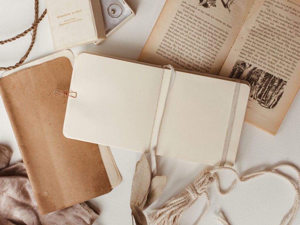 Open journal used for recording feelings, personal reflections and changes in emotional well-being.